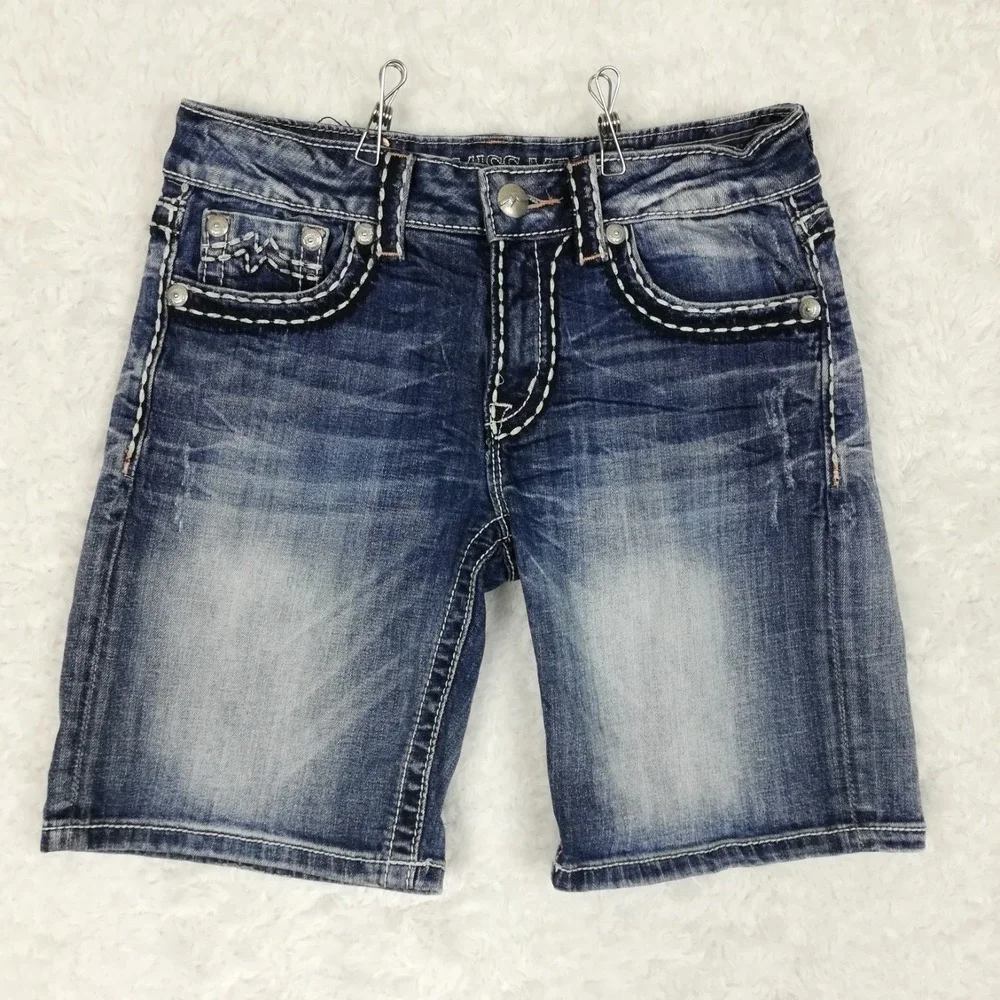 Miss Me Womens Shorts Boyfriend Blue Denim Flap Pocket Stone Wash 25